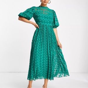 ASOS high neck pleated chevron dobby midi dress with puff sleeve in forest green